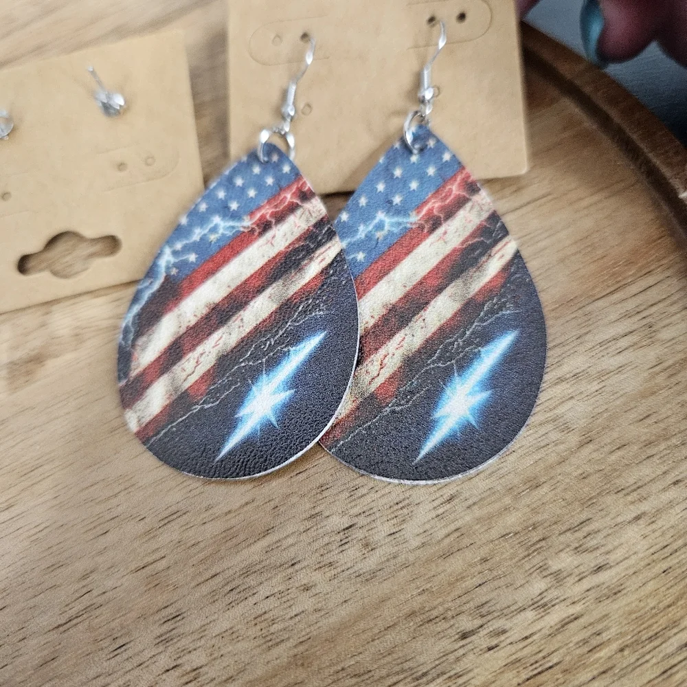 Women's Fashion Set of 3 Pairs Earrings American Flag Silver Red Crystal Studs